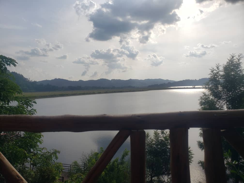 Lake view through wooden railing